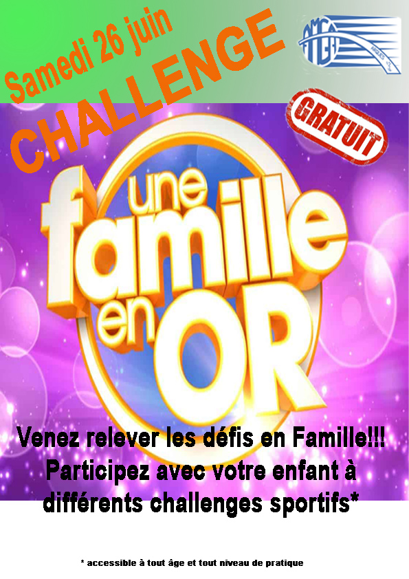 Chers Adhérents, chères adhérentes, Parents de nos adhérents, L’AMGA vous invite le samedi 26 juin à participer à une journée « Une Famille en Or » ! Nos coachs vous ont réservé plusieurs défis à réaliser en famille (parents, enfants, frères et sœurs). Ces défis sportifs sont accessibles à tout âge et tout niveau de pratique. Venez simplement passer un agréable moment en famille en notre compagnie. Chers Adhérents, chères adhérentes, Parents de nos adhérents, L’AMGA vous invite le samedi 26 juin à participer à une journée « Une Famille en Or » ! Nos coachs vous ont réservé plusieurs défis à réaliser en famille (parents, enfants, frères et sœurs). Ces défis sportifs sont accessibles à tout âge et tout niveau de pratique. Venez simplement passer un agréable moment en famille en notre compagnie.