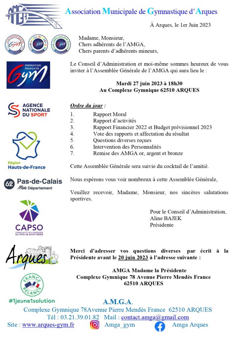 Assemblée Générale de l'AMGA le mardi 27 juin 2023 à 18h30