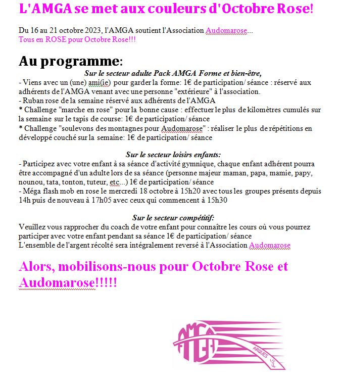 Du 16 au 21 octobre 2023: l'AMGA se met au ROSE pour Octobre Rose et l'association AUDOMAROSE