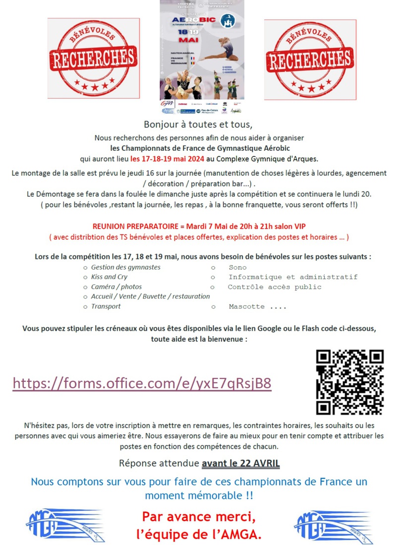 APPEL A BENEVOLES: Championnat de France de Gymnastique Aérobic les 18 & 19 mai 2024 APPEL A BENEVOLES: Championnat de France de Gymnastique Aérobic les 18 & 19 mai 2024