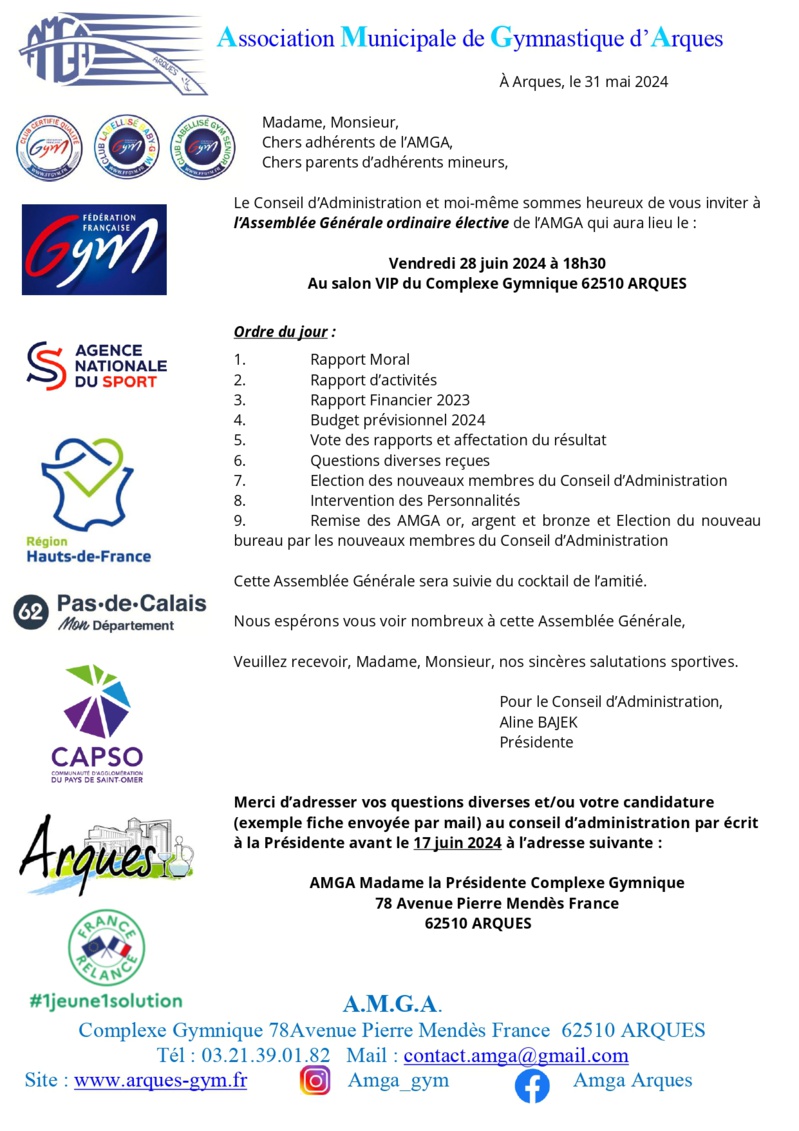 Assemblée Générale de l'AMGA le vendredi 28 juin 2024 à 18h30 Assemblée Générale de l'AMGA le vendredi 28 juin 2024 à 18h30