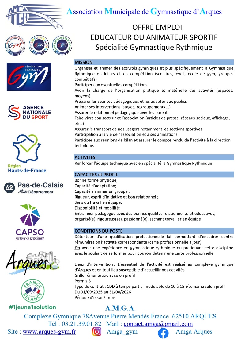 OFFRE EMPLOI ENTRAINEUR DE GYMNASTIQUE RYTHMIQUE
