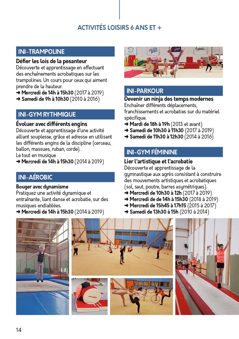 Planning des activités gymniques loisirs enfants