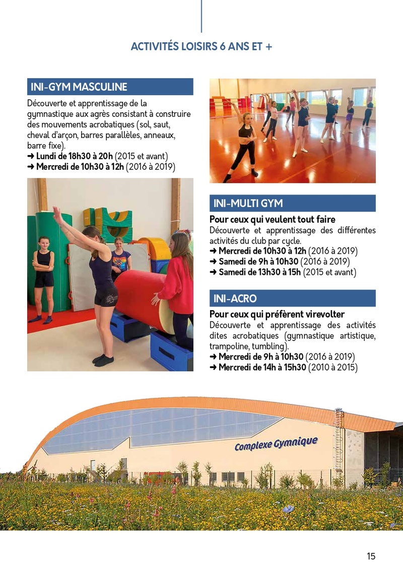 Planning des activités gymniques loisirs enfants