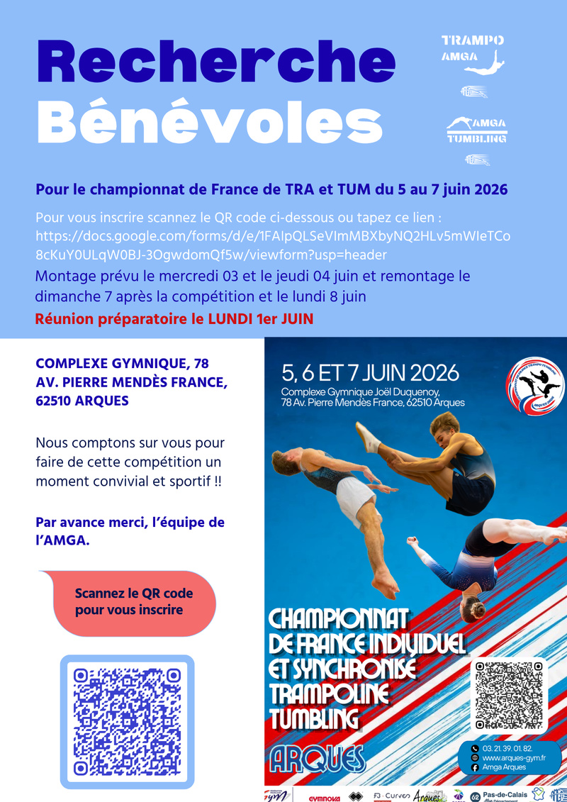 Recherche des Bénévoles pour les Championnats de France Individuel et Synchronisé Trampoline et Tumbling