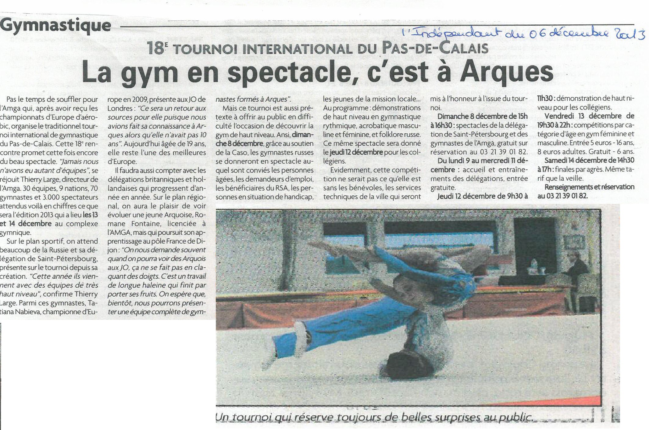 Résultats: 18ème Tournoi International de Gymnastique du Pas-de-Calais Coupes de la Ville d'Arques