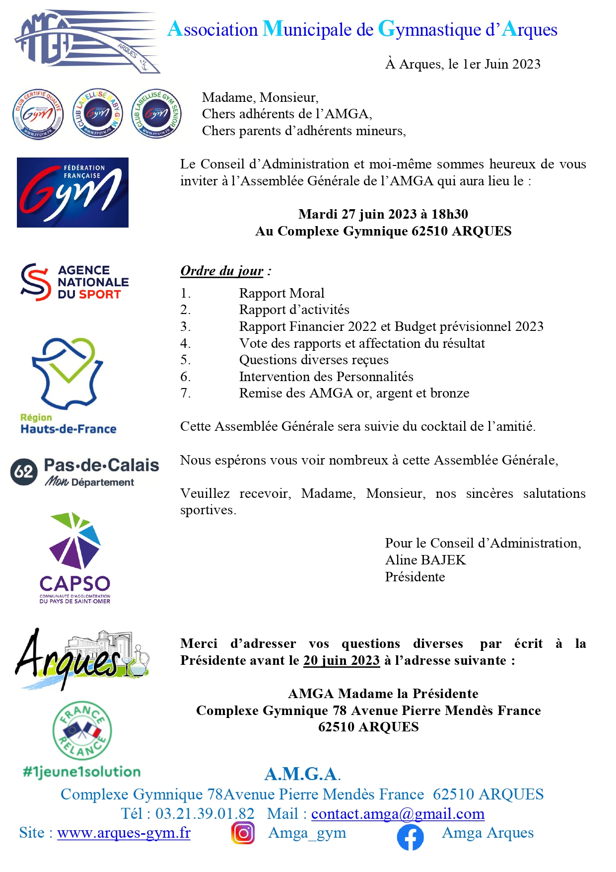 Assemblée Générale de l'AMGA le mardi 27 juin 2023 à 18h30