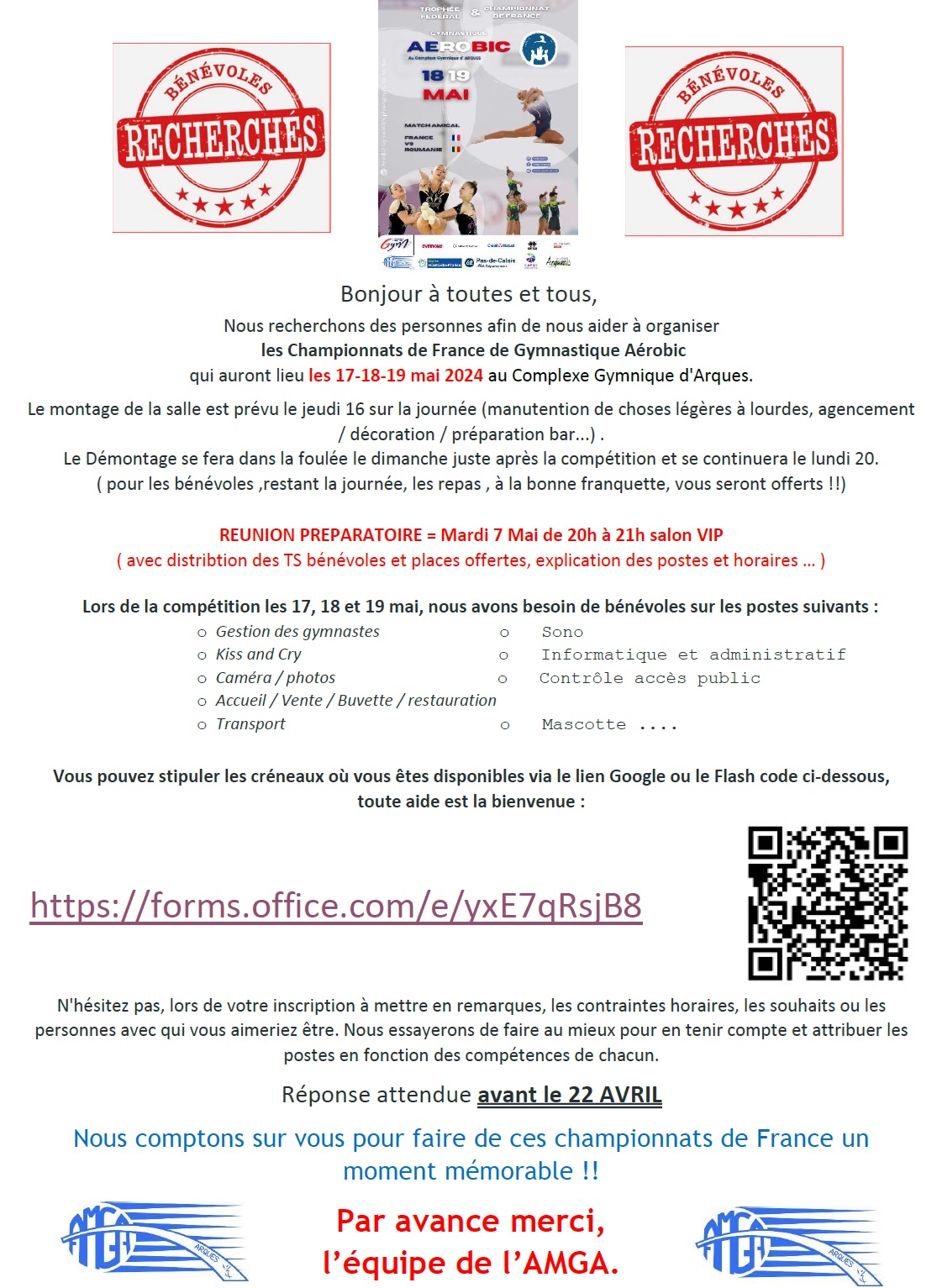 APPEL A BENEVOLES: Championnat de France de Gymnastique Aérobic les 18 & 19 mai 2024