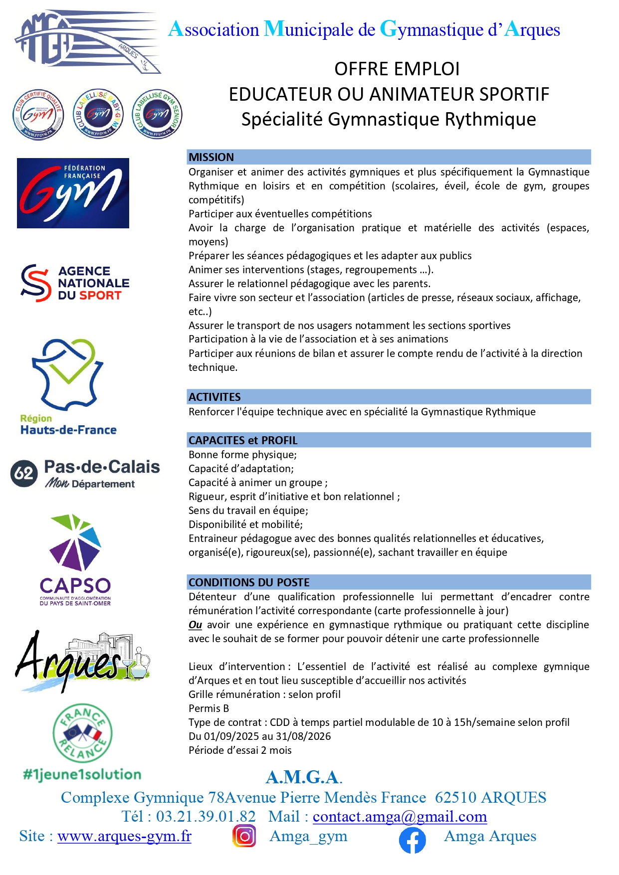 OFFRE EMPLOI ENTRAINEUR DE GYMNASTIQUE RYTHMIQUE