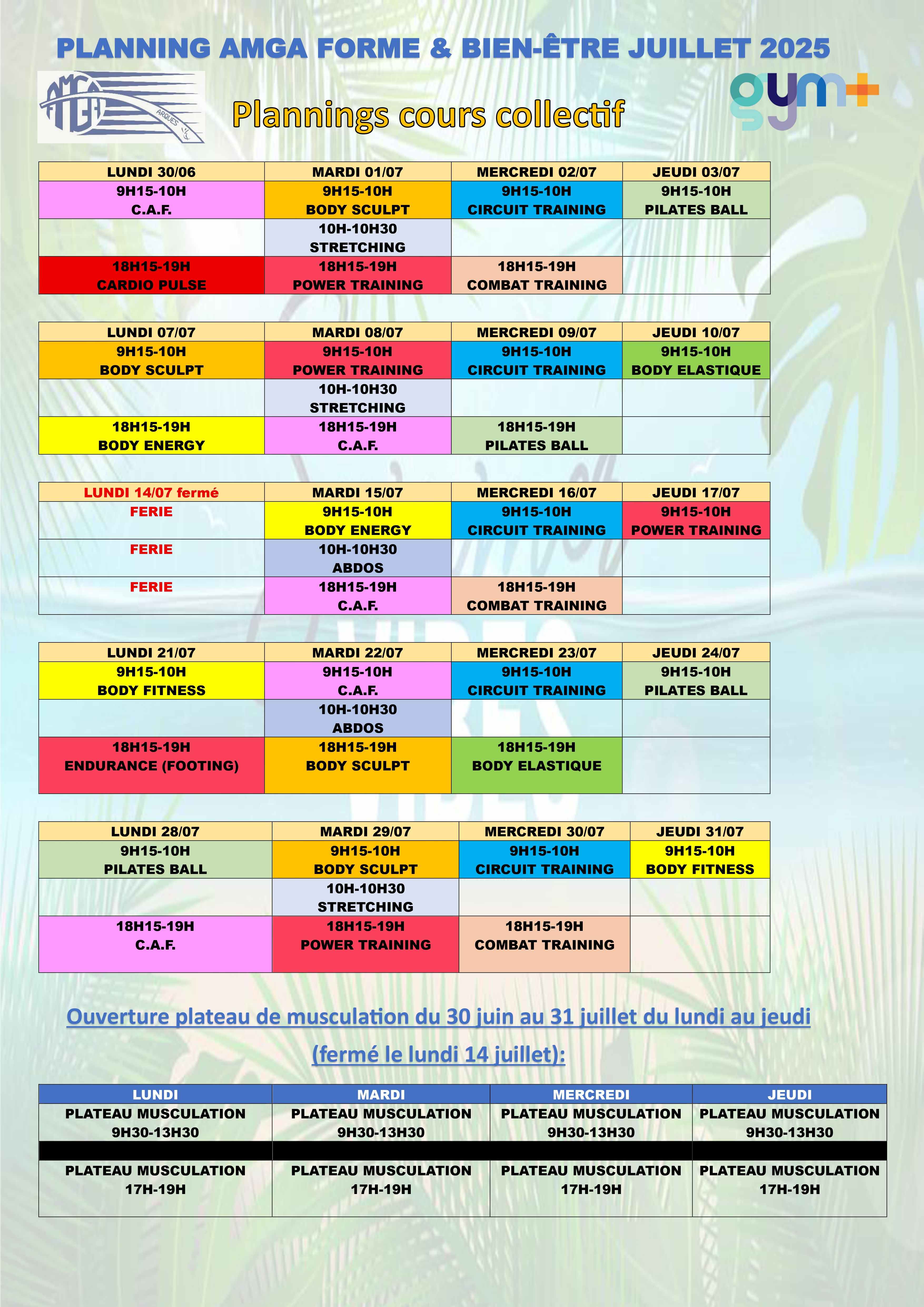 PLANNING PACK FORME ET BIEN-ETRE DU 30 JUIN au 31 JUILLET 2025