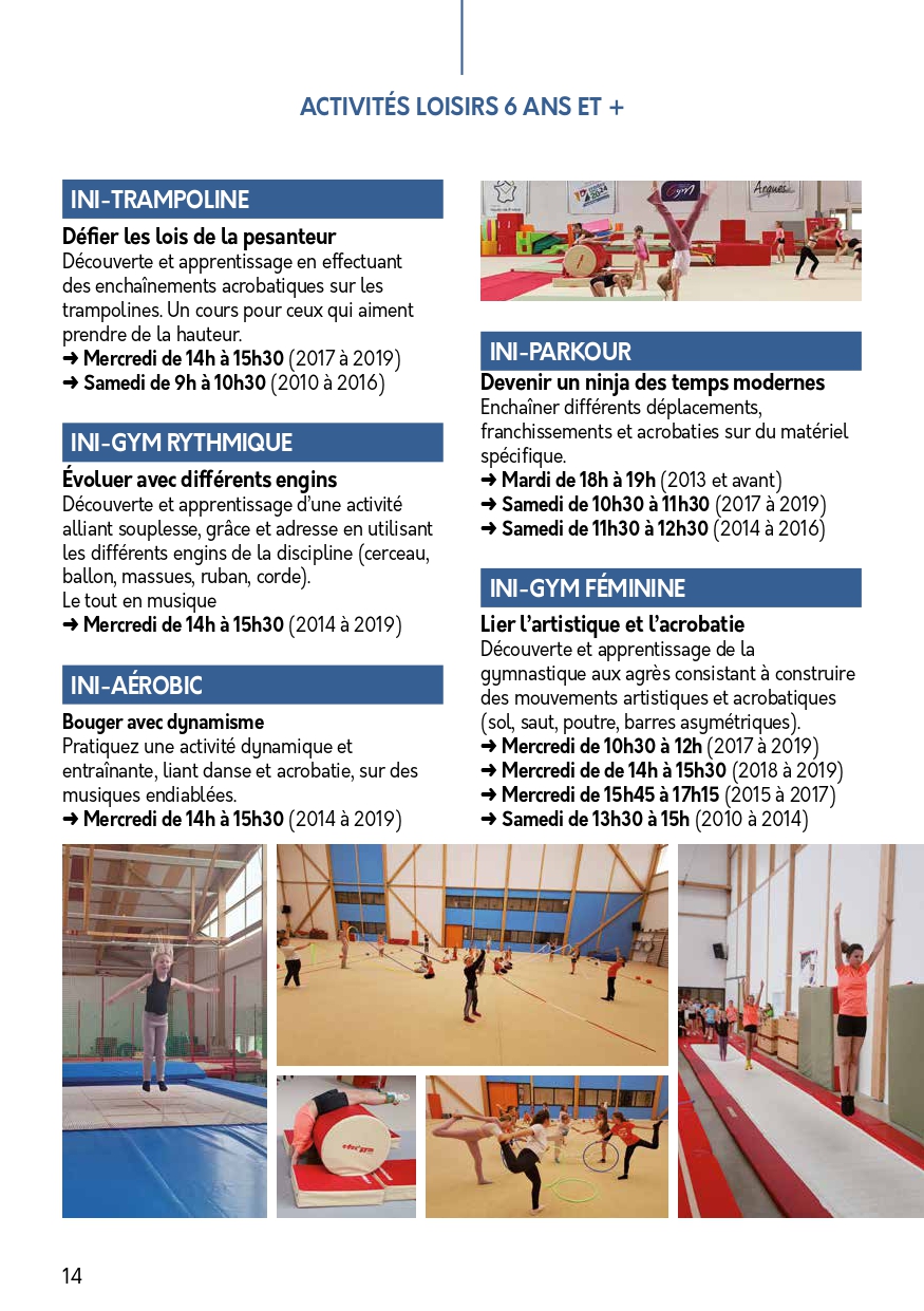 Planning des activités gymniques loisirs enfants